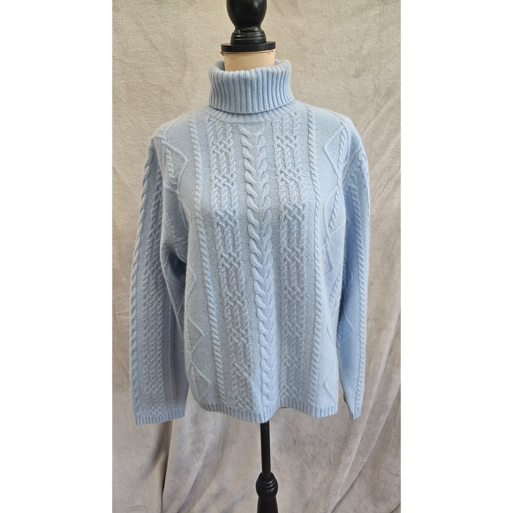 VINTAGE Precious Fibers 100% Cashmere Cable Knit Sweater Ice Blue Large FLAWLESS